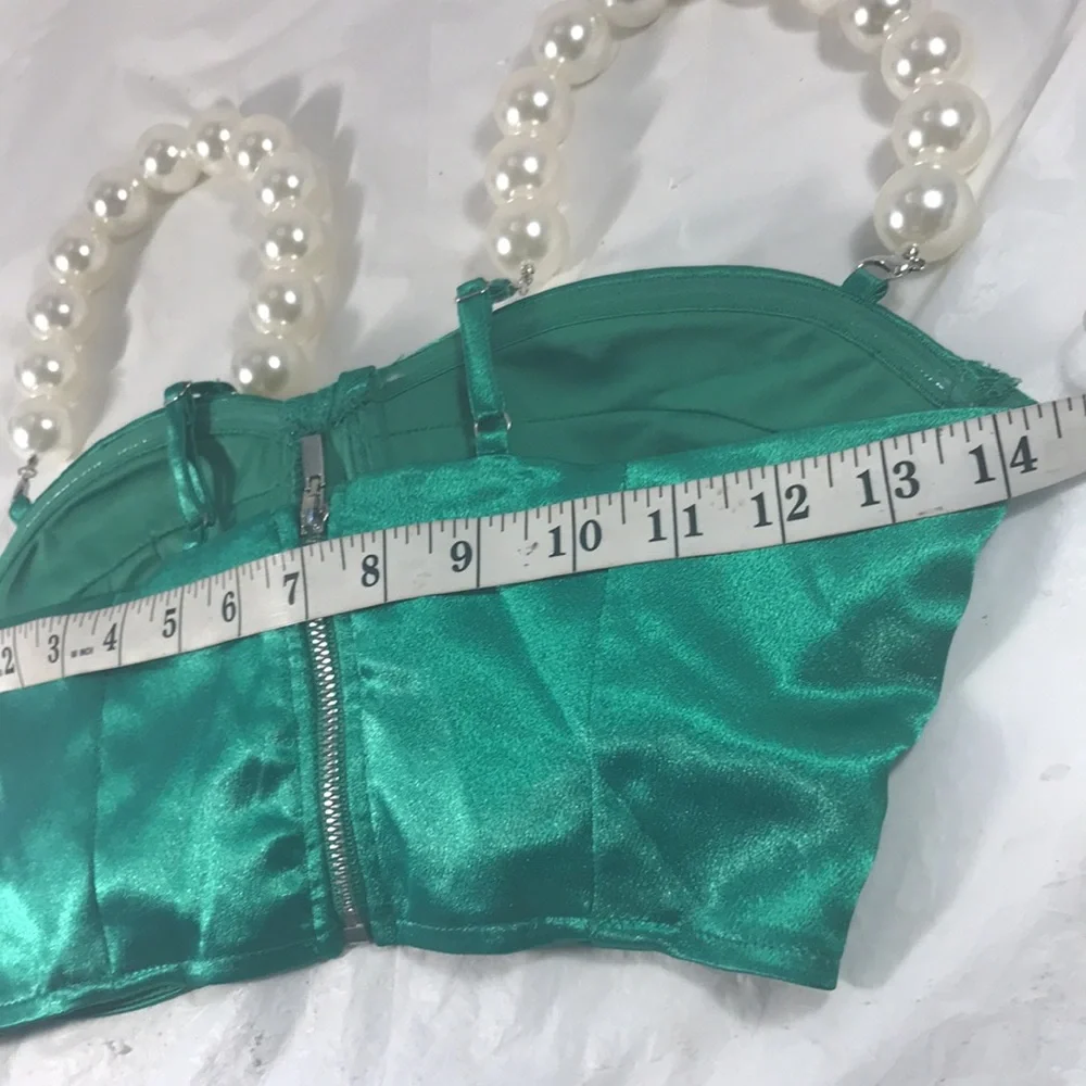 Woman’s Emerald Green Satin Zipper Bustier with Removable Pearl Straps
